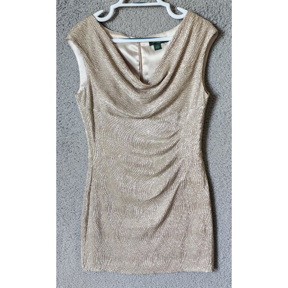 Ralph Lauren LRL Women's Sleeveless Cowl Neck Ruched Dress Metallic Gold Size S